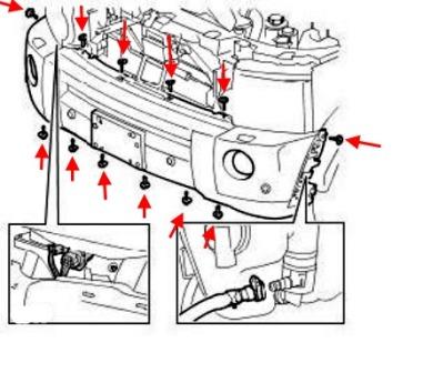 the scheme of fastening of the front bumper Land Rover Discovery III LR3 (2004-2009)